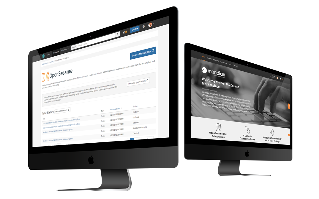 desktop computers with one showing opensesame and one showing meridian LMS