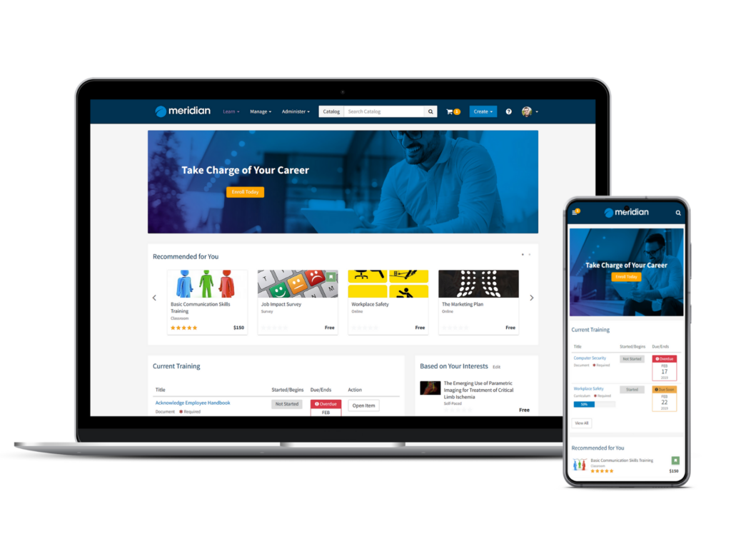 Meridian LMS dashboard on laptop and phone