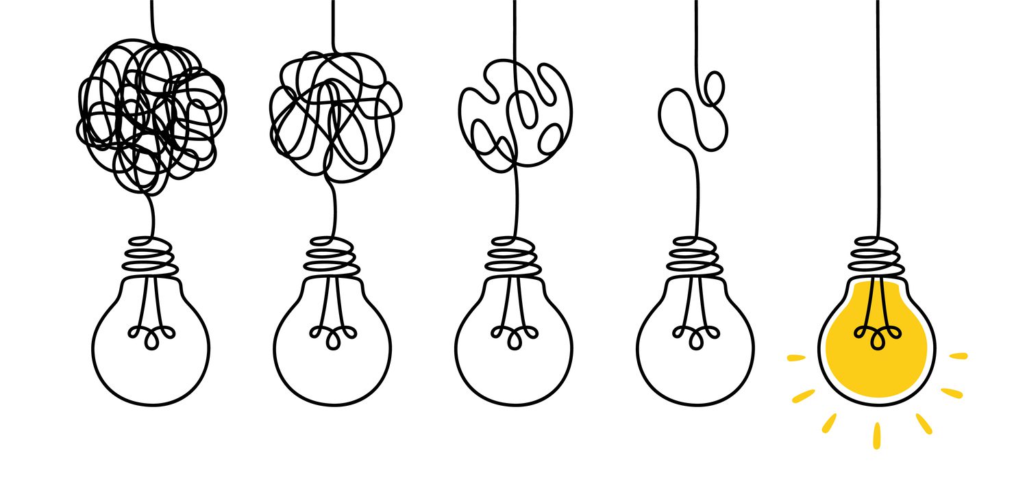 Simplify complex process. Tangled scribble wires with light bulbs from difficult to simple, clarifying idea and complex problem solving process vector concept. Chaos in mind, complicated thoughts