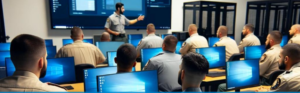group of corrections officers sitting in a classroom each in front of a computer listening to an instructor teach from the front of the room.