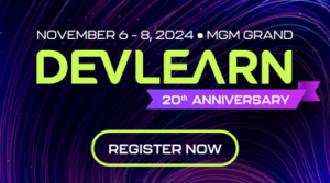 Devlearn 2024 logo with a register now button