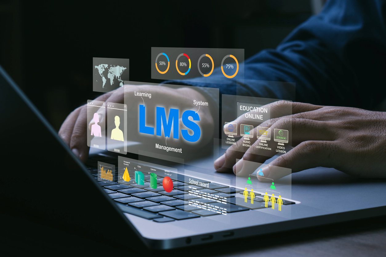 LMS - Learning Management System.Teacher using laptop for online lesson and online education, course, application, study, e learning, knowledge everywhere and every time.New level of quality.
