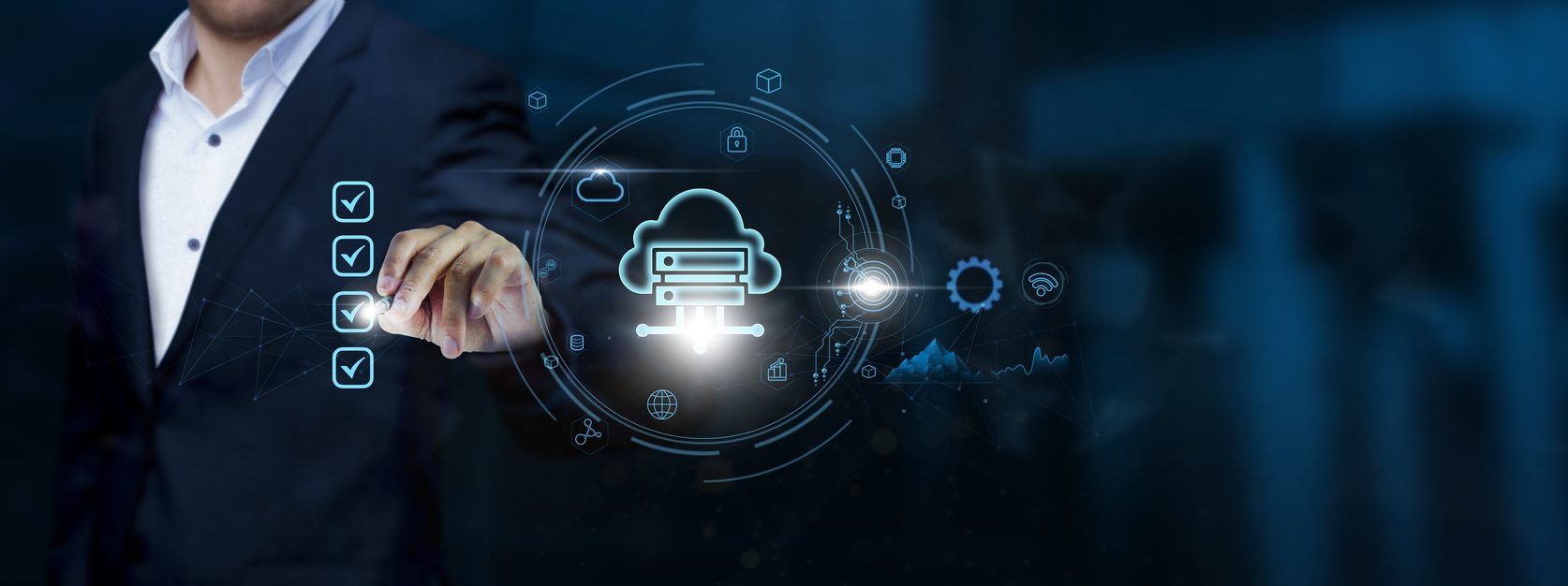 Cloud Computing, Businessman checks Cloud Computing technology and checklist approve, Streamlining Operations of Business on virtual interface, Innovating Cloud Computing Concept.