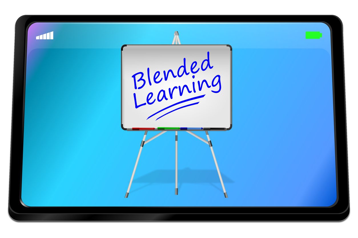 tablet computer with blended learning on blue display - 3D illustration