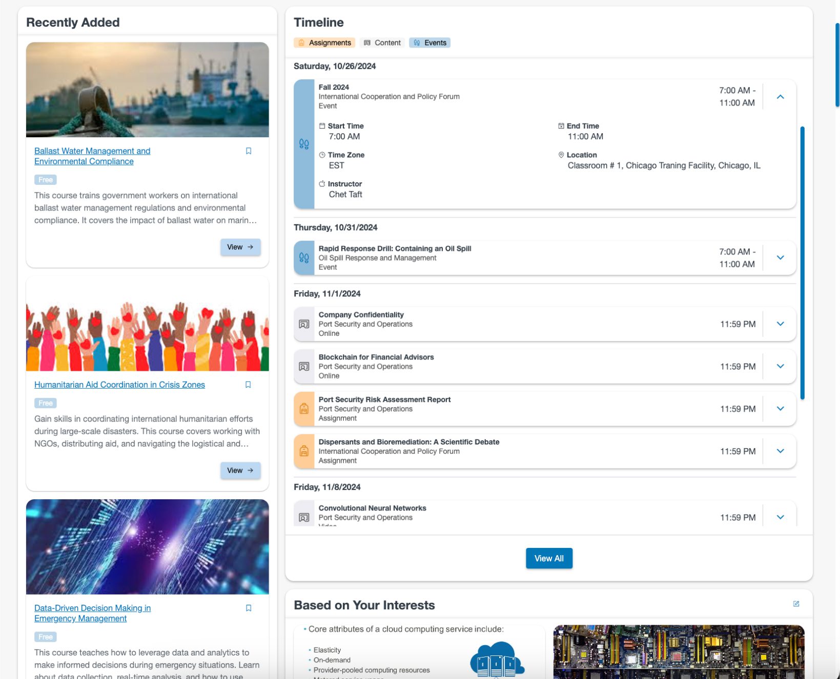 Meridian LMS Blended Learning Timeline Mixed Content View