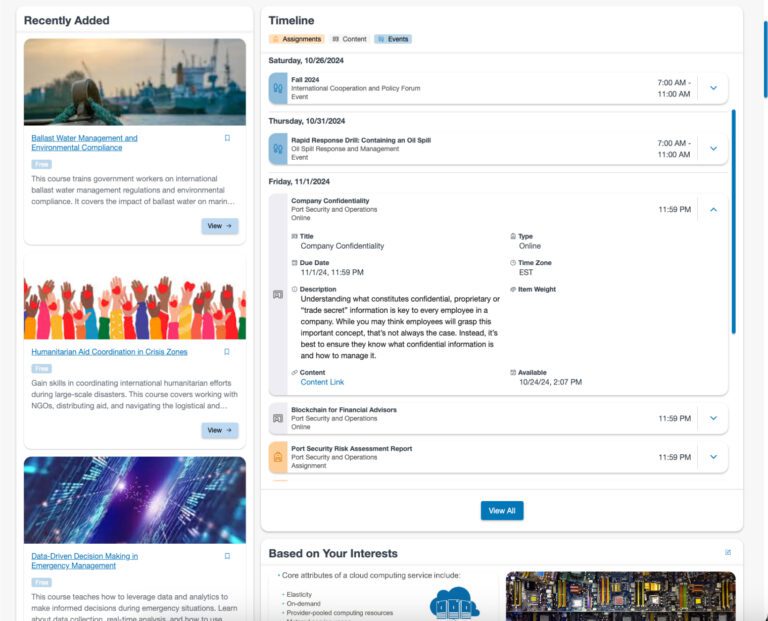 Meridian LMS Dashboard Timeline Mixed Content View