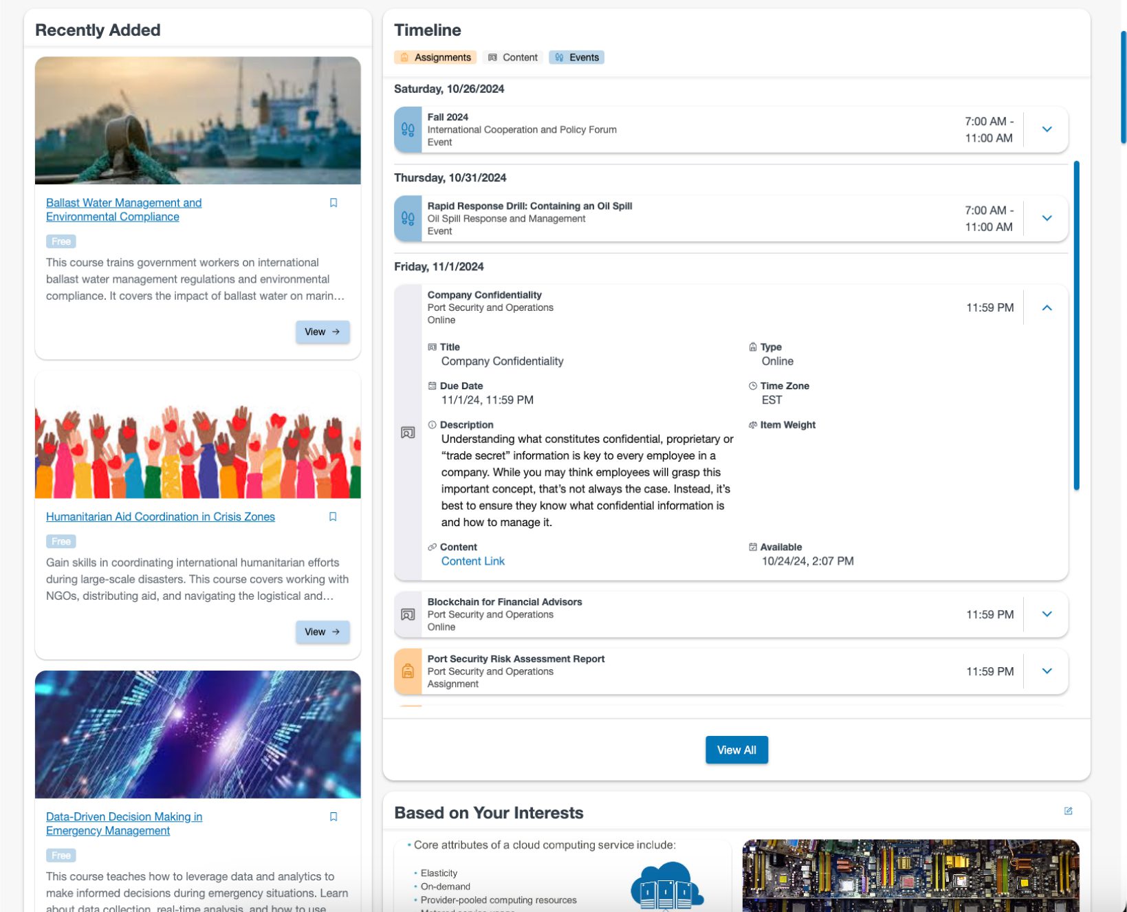 Meridian LMS Dashboard Timeline Mixed Content View