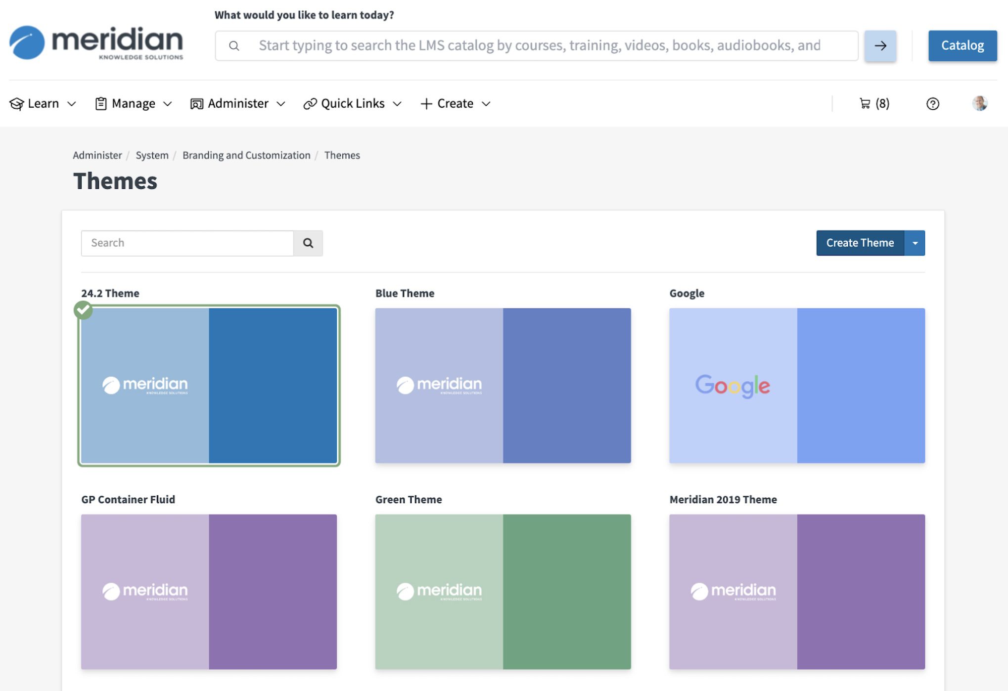 Meridian LMS theme editor choice view