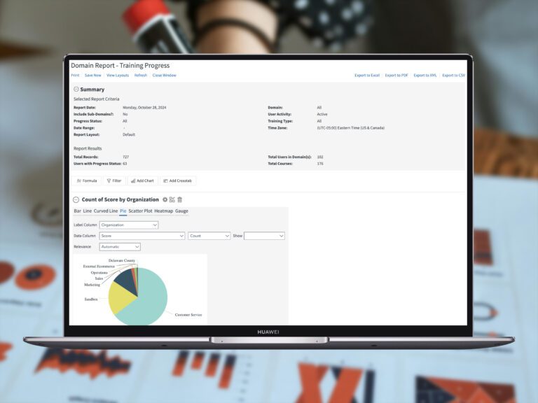 Meridian LMS domain reports training progress by organization laptop