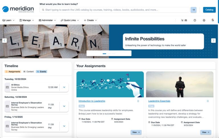 Meridian LMS homepage Learner dashboard view