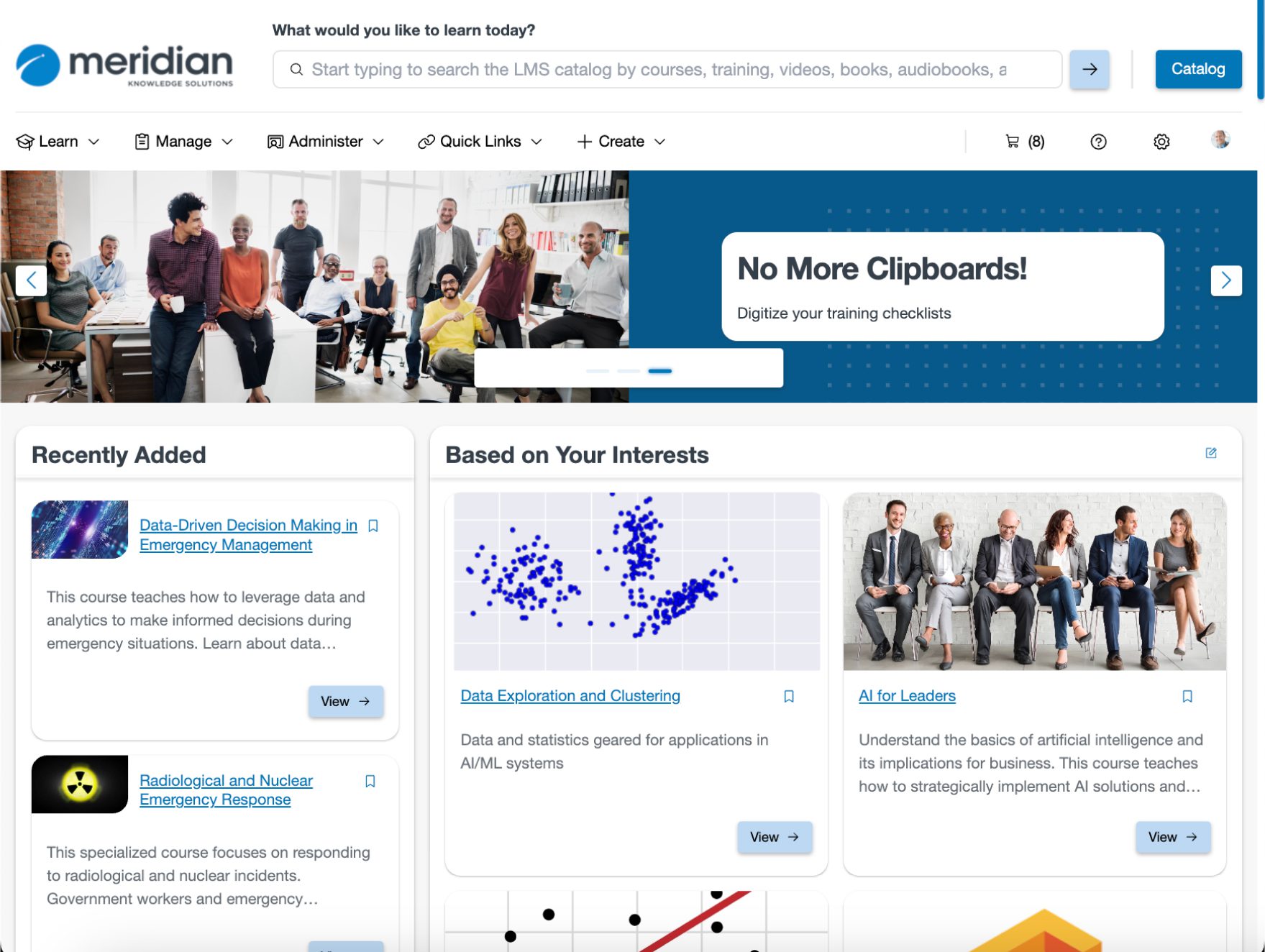 Meridian-LMS-homepage-view-with-recently-added-and-based-on-interest