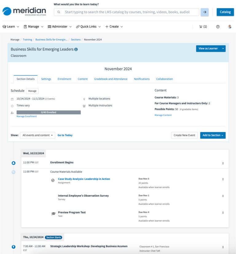 Meridian LMS section editor main