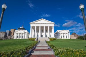 Exterior of the Virginia State Capitol building in Richmond, Virginia, designed by Thomas Jefferson