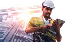 Future building construction engineering project concept with double exposure graphic design. Building engineer, architect people or construction worker working with modern civil equipment technology.