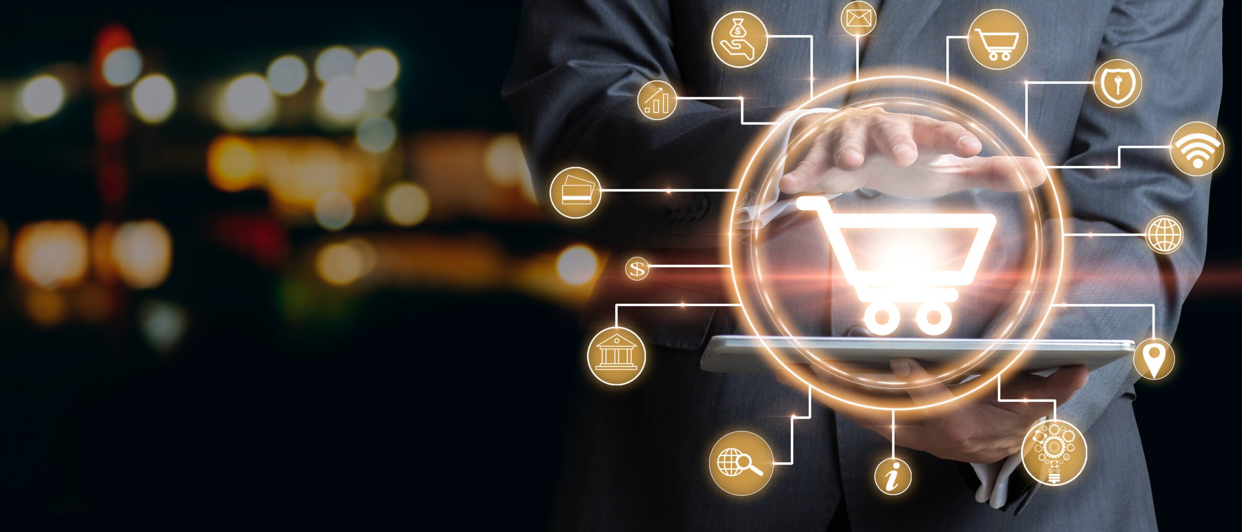 Businessman holding the cart icon Online shopping and payment with a tablet