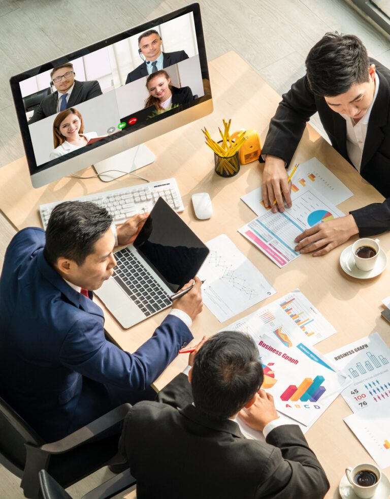 Video call group business people meeting on virtual workplace or remote office. Telework conference call using smart video technology to communicate colleague in professional corporate business.