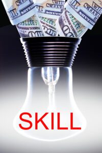 Light bulb with shining fibers in a shape of SKILL and money for training. This image is useful in business success