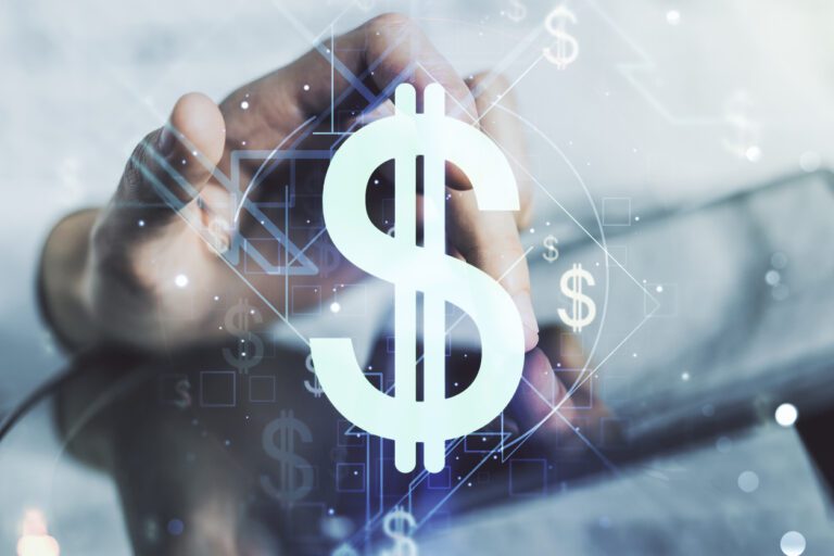 Creative concept of USD symbols illustration and finger clicks on a digital tablet on background. Trading and currency concept. Multiexposure