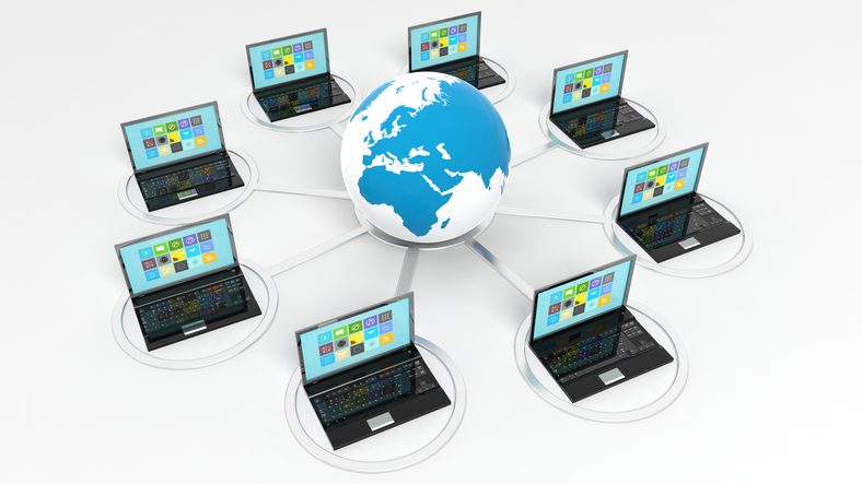 Globe icon with laptops around it, isolated on white background