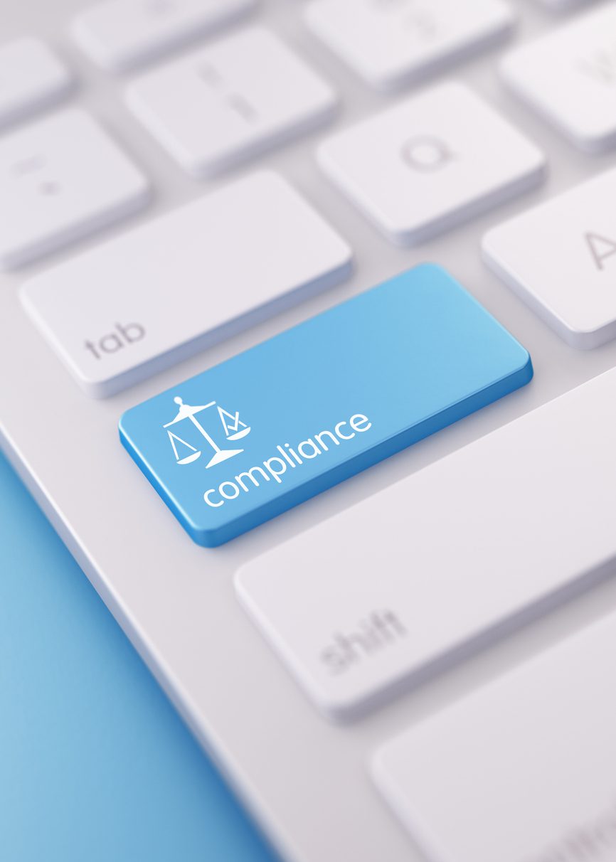 High quality 3d render of a modern keyboard with blue compliance button on a blue background and copy space. Blue compliance keyboard button has a text and an icon on it. Compliance keyboard button is in focus, Vertical composition with copy space.