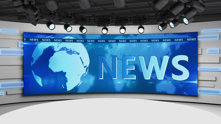 Tv studio. News room. Blye background. News Studio. Studio Background. Newsroom bakground. The perfect backdrop for any green screen or chroma key video production. Loop. 3D rendering.
