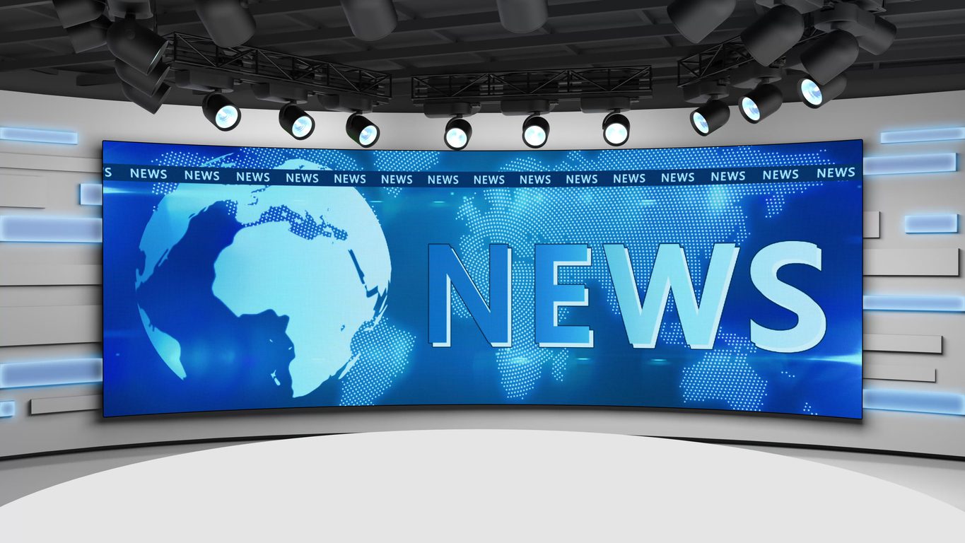 Tv studio. News room. Blye background. News Studio. Studio Background. Newsroom bakground. The perfect backdrop for any green screen or chroma key video production. Loop. 3D rendering.