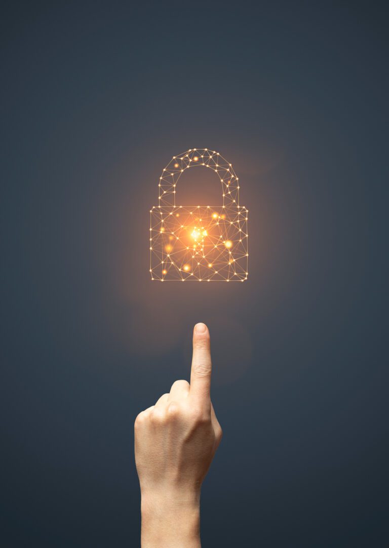Network Security Artificial intelligence padlock symbol and finger touching it on dark background. This file is cleaned and retouched.