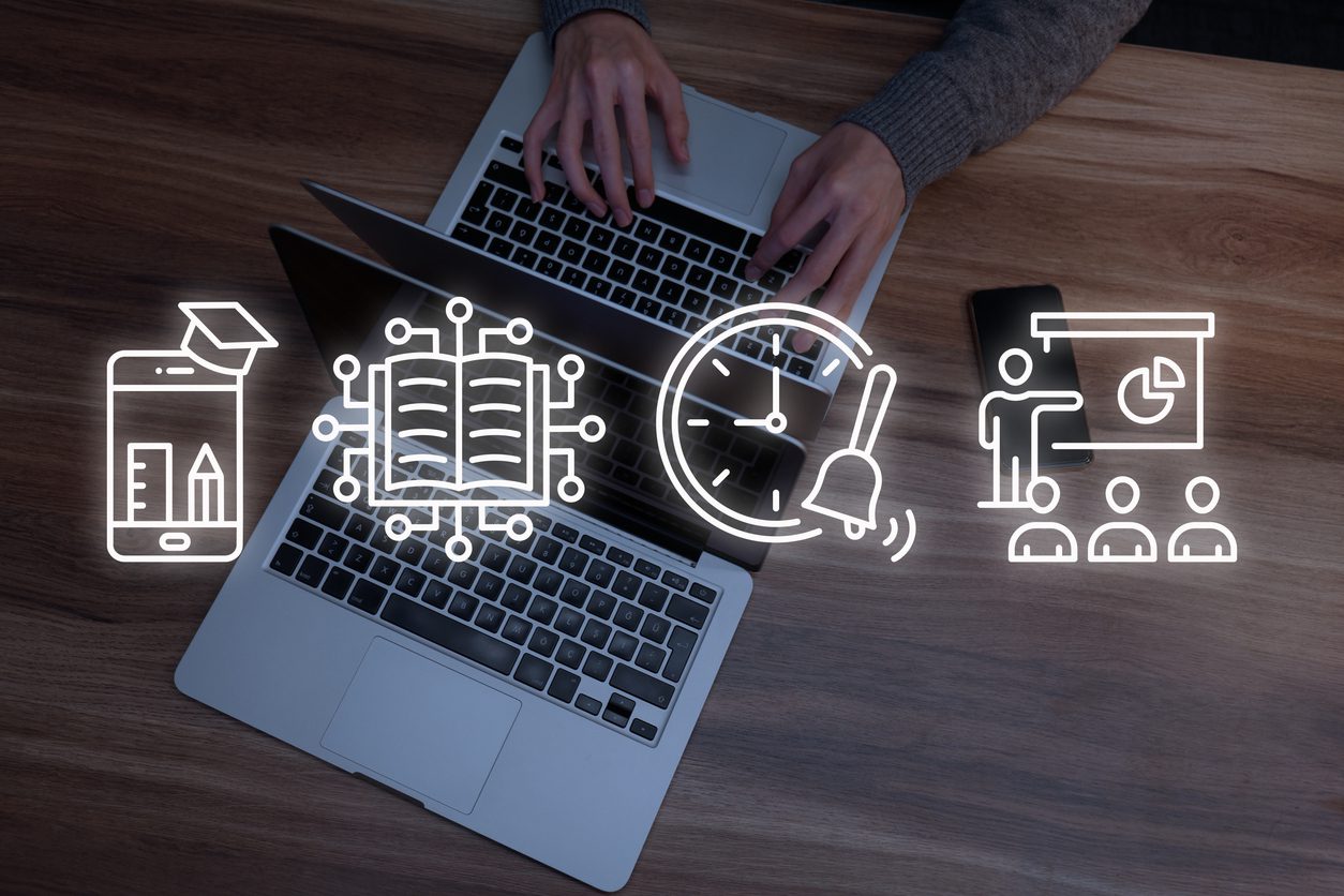 Meridian Knowledge Solutions overlay graphic: ‘Blended Learning’ featuring on-screen and in-person training icons and text ‘The Future of Employee Training’.
