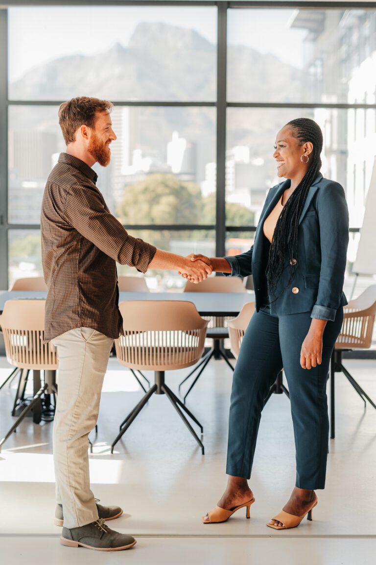 Hand shake, b2b and teamwork of business people onboarding, deal or agreement with a smile. Shaking hands, thank you and welcome at workplace or partnership, collaboration or greeting in office.