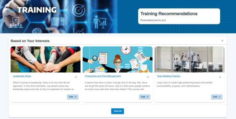 Meridian LMS showing training recommendations of 3 different classes based on the person's interest.