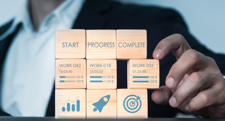 A wood blog with icon devops team, incremental work, iterative procedures, lean project management tool. On a PC with a developer, agile software development is done using Kanban board framework.