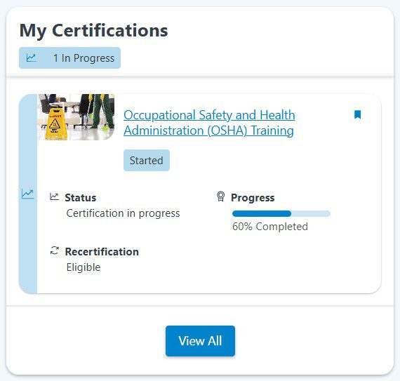 My certifications written at the top and showing a OSHA class with status, progress and recert notes