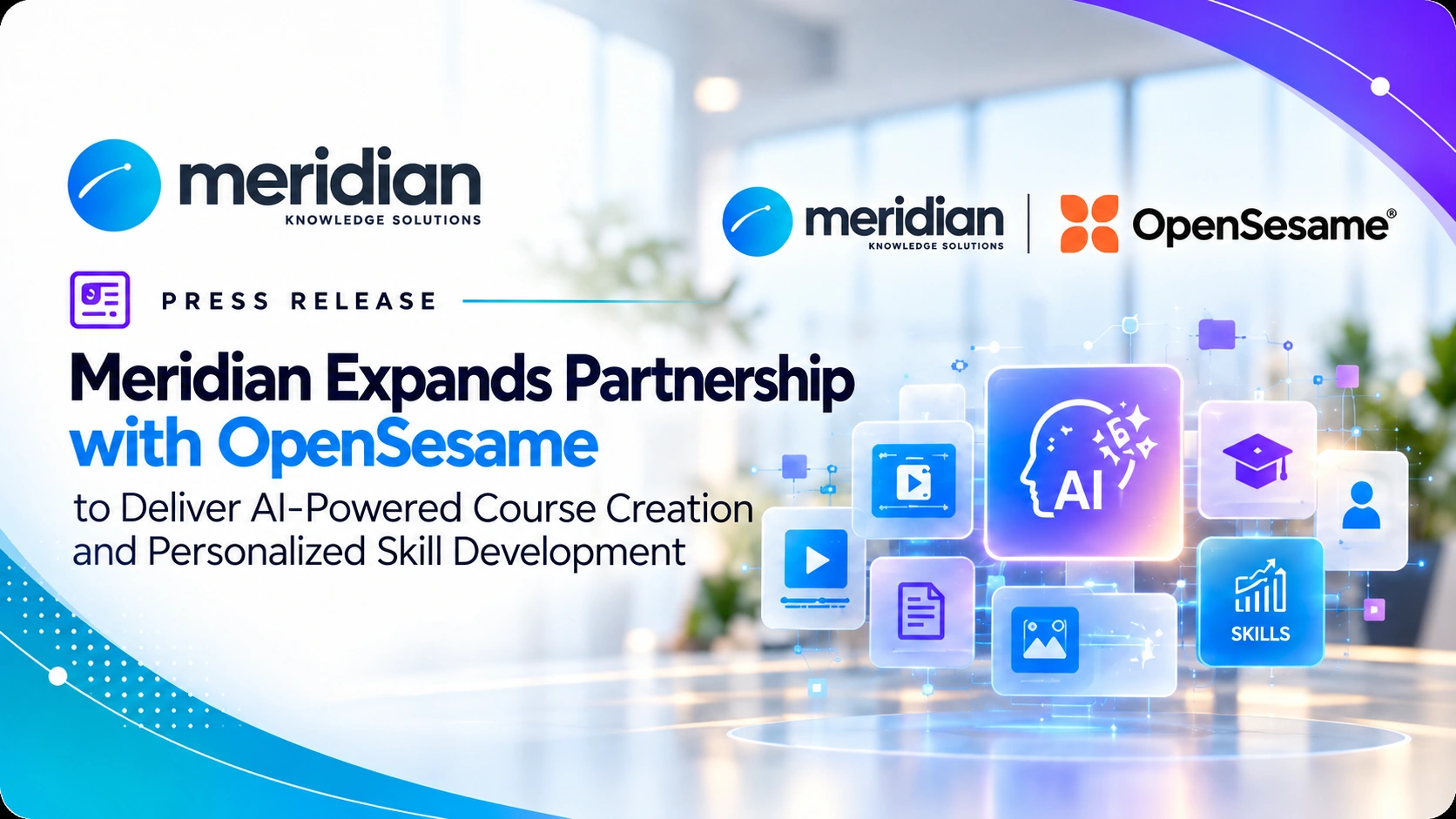 Meridian Knowledge Solutions and OpenSesame logos with digital learning and course content graphics representing their expanded partnership