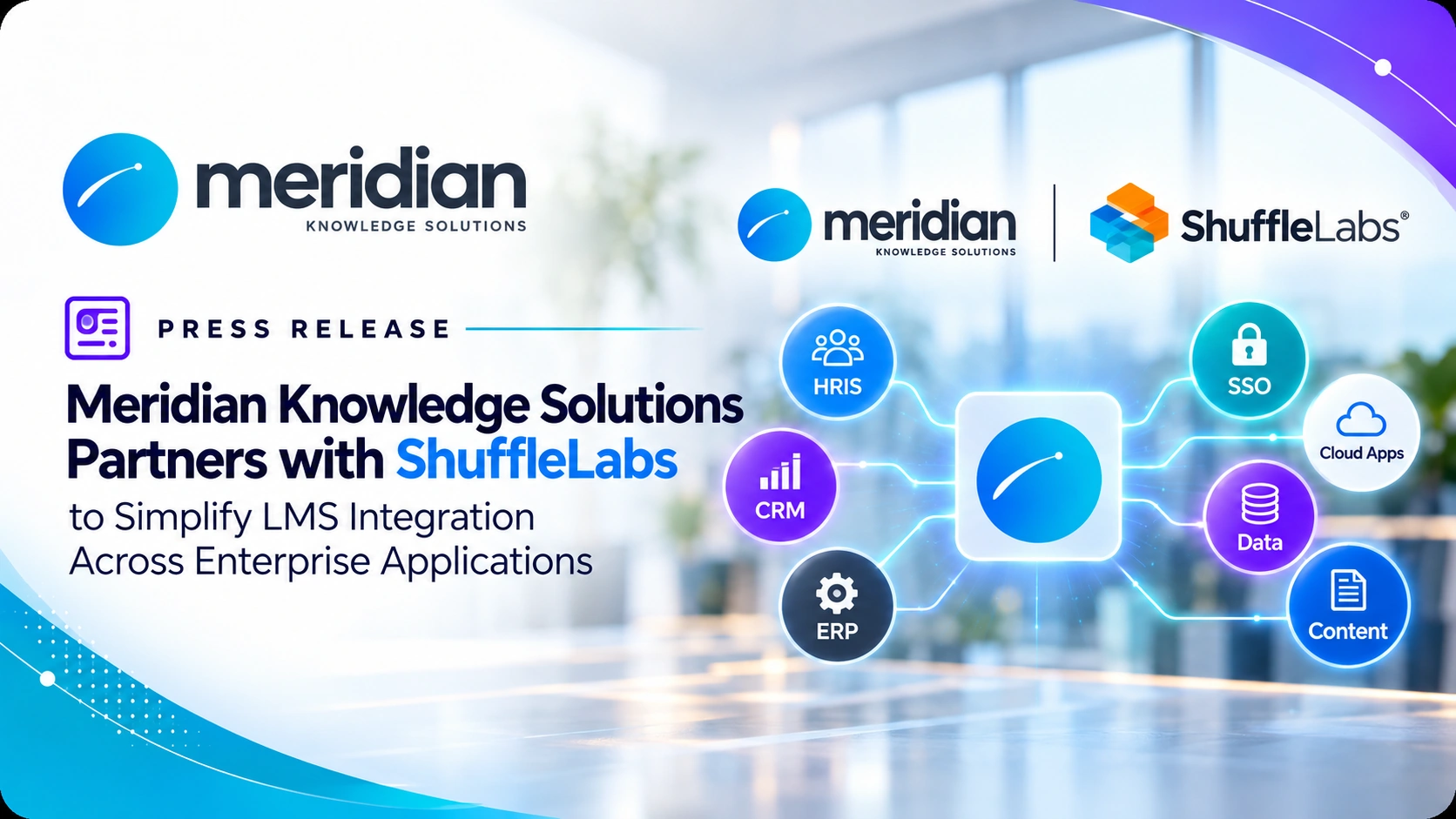 Meridian Knowledge Solutions and ShuffleLabs logos with digital learning and technology graphics representing their partnership