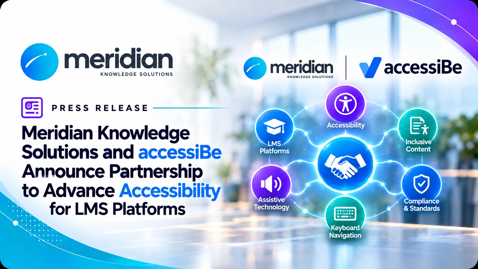 Meridian Knowledge Solutions and accessiBe logos with accessibility and digital learning graphics representing their partnership to improve inclusive online learning