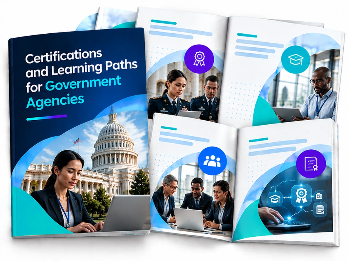 Government learning path dashboard with certification milestones, course progression, and achievement graphics for agency workforce development