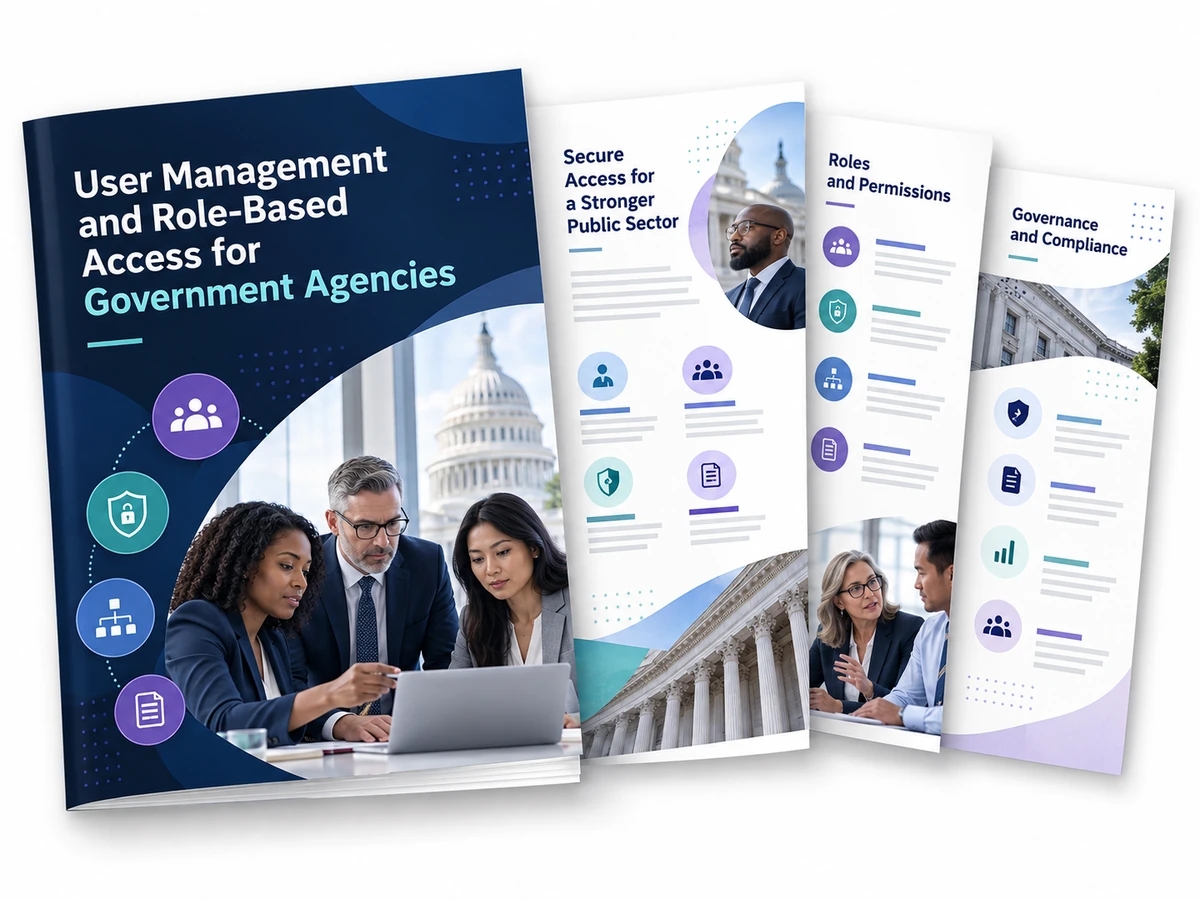 Brochure featuring government employees using laptops, with the U.S. Capitol and icons representing secure access, user roles, permissions, and account management