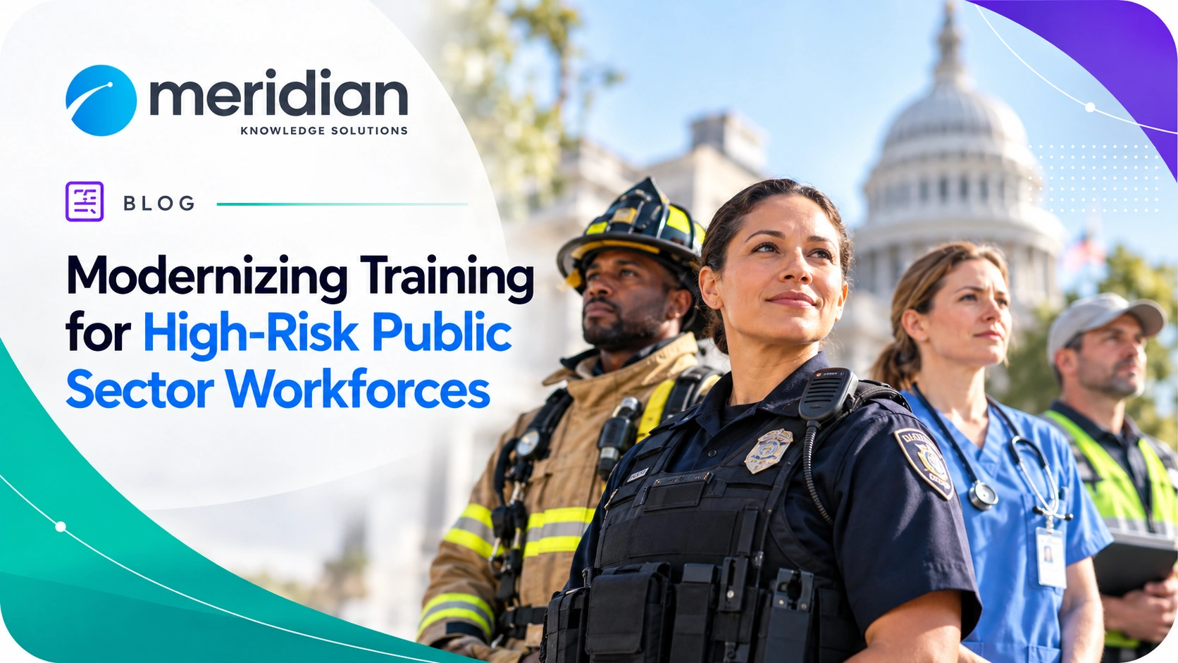 Public safety and government workers shown with digital training graphics, mobile devices, and icons representing readiness, compliance, and high-risk workforce training