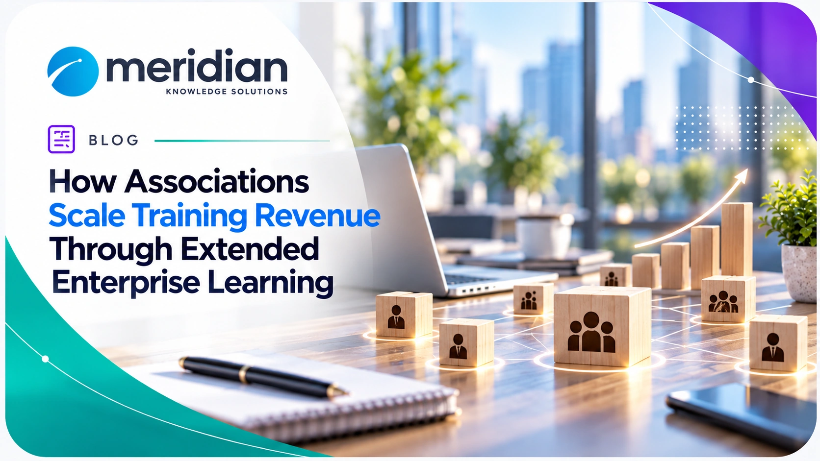 Association professionals using laptops with connected member groups, online learning graphics, and revenue growth icons representing extended enterprise training programs