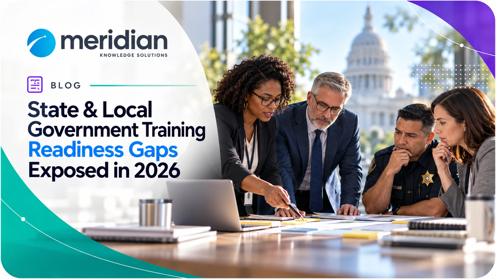 State and local government employees with training dashboards, warning indicators, and workforce readiness graphics highlighting gaps in public-sector training programs