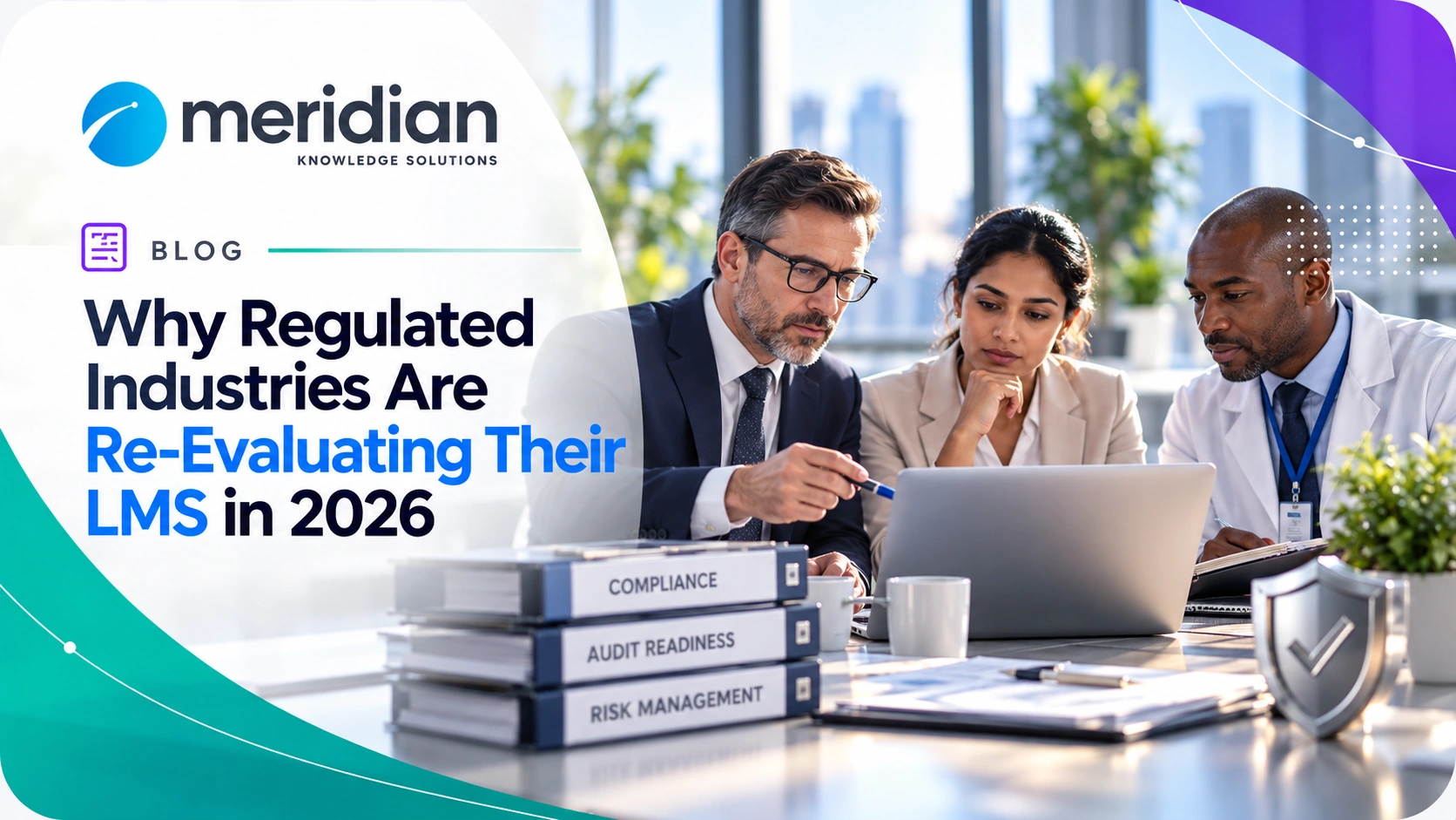 Business professionals evaluating learning technology, with compliance, security, analytics, and workforce training graphics representing LMS requirements in regulated industries