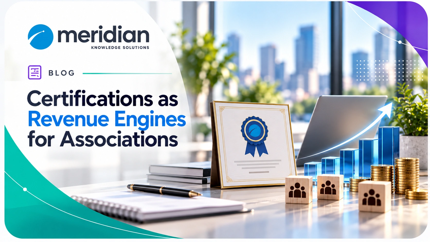 Association professionals reviewing certification programs, with credential badges, online learning, member engagement, and revenue growth graphics