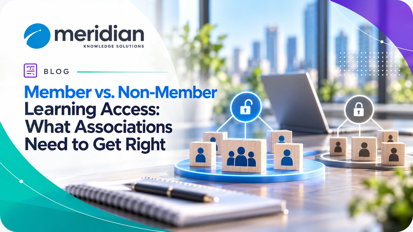 Association learning graphic comparing member and non-member access, with separate user groups, course content, and access permission icons