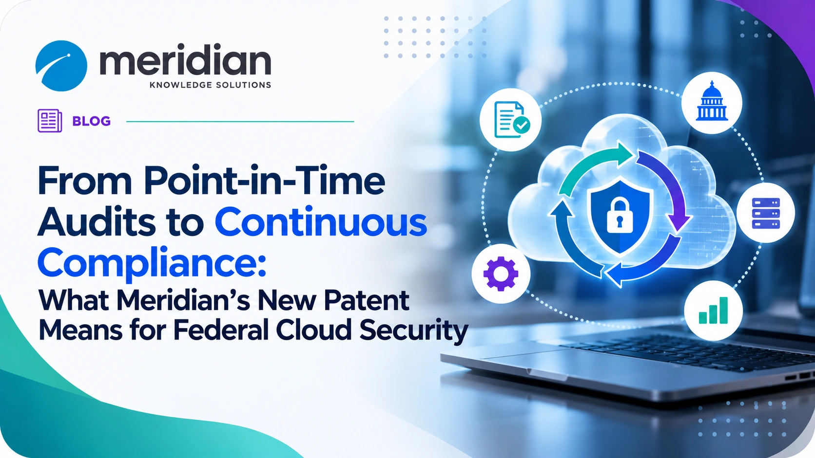 Federal cloud security illustration with continuous monitoring, compliance, and automation graphics representing Meridian’s patented compliance automation technology