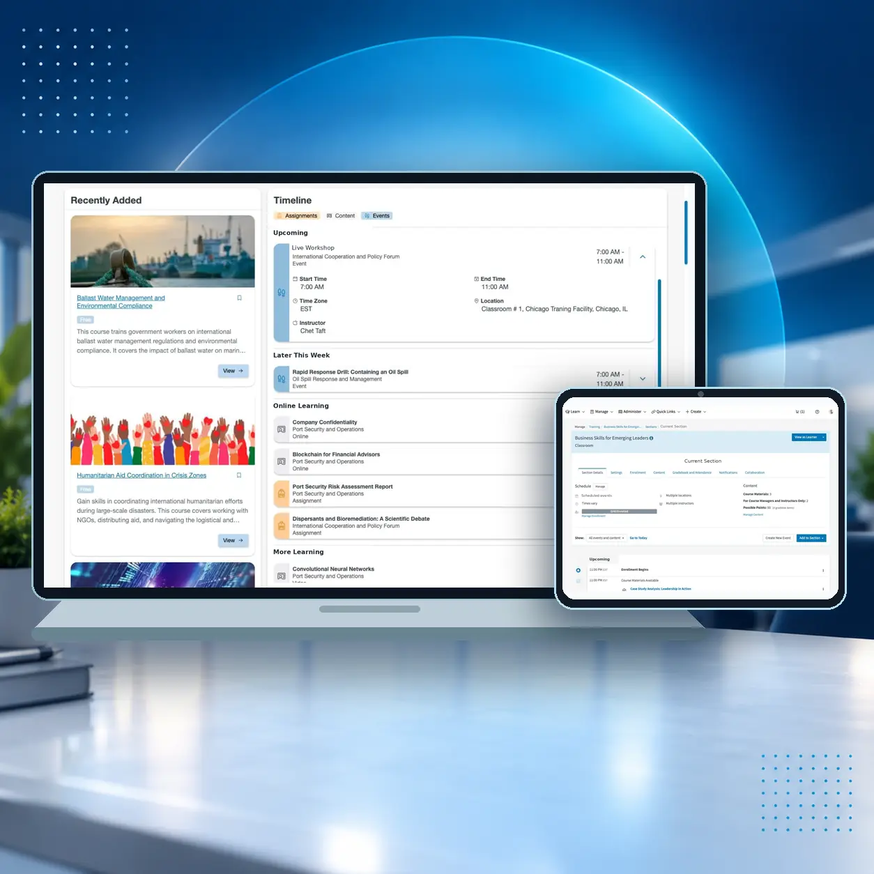 Desktop monitor and tablet displaying Meridian LMS course timelines, scheduled learning events, and online training content for blended and hybrid learning.